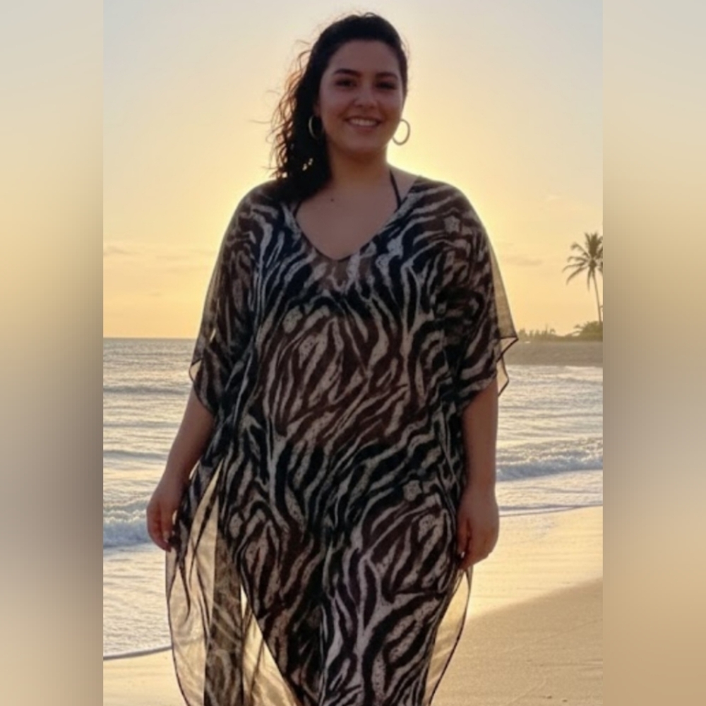 Zebra Print Long Sheer Swim Cover-Up
